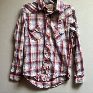 Wrangler White Pink Plaid Pearl Snap Cotton Western Cowboy Shirt Men’s Size S